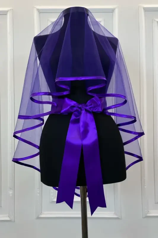 Purple Trimmed Bridal Veil Sash Glove Full Set Henna Night Wedding Marriage-BİYELİMOR - 4