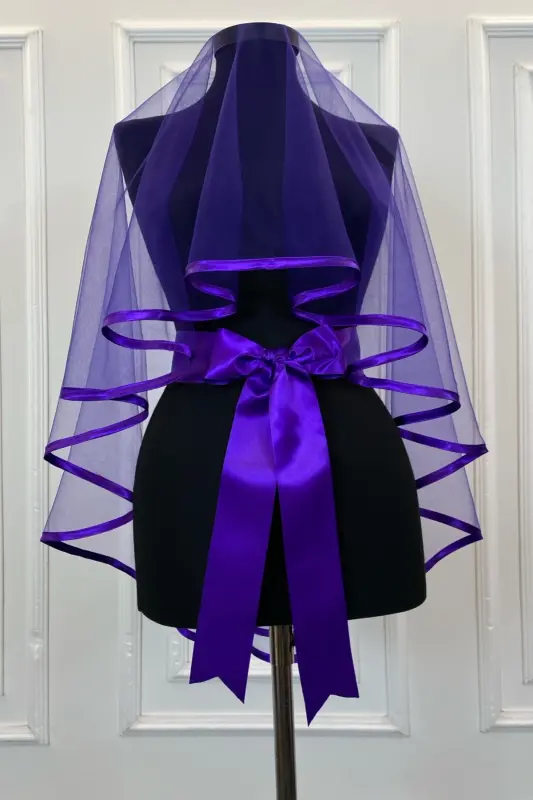 Purple Trimmed Bridal Veil Sash Glove Full Set Henna Night Wedding Marriage-BİYELİMOR - 4