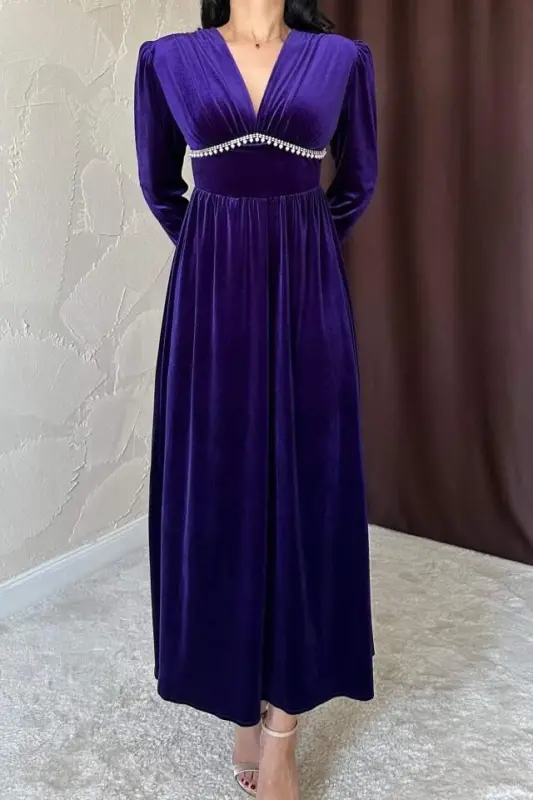 Purple Under-bust Jeweled Dress - 2