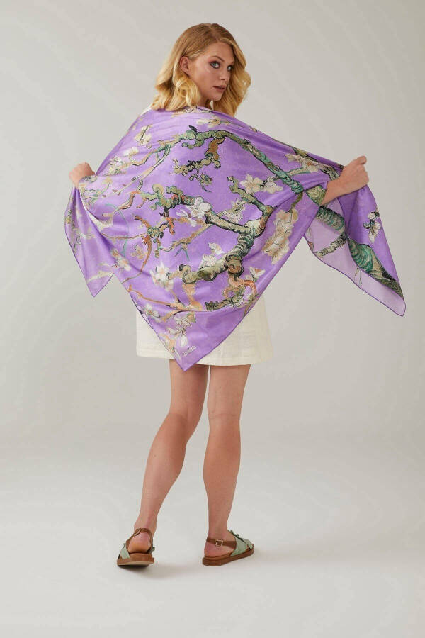 Purple Van Gogh Almond Blossoms 140x140 Square New Spring Summer Collection 100% Satin Silk Scarf - 1