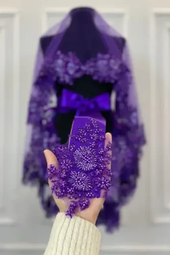 Purple VIP Bridal Veil Set, Henna Veil Cover Set-Purple - 4