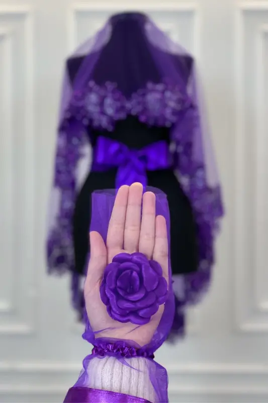 Purple VIP Bridal Veil Set, Henna Veil Cover Set-Purple - ZEYMERADE