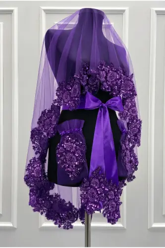 Purple VIP Bridal Veil Set, Henna Veil Cover Set-Purple 