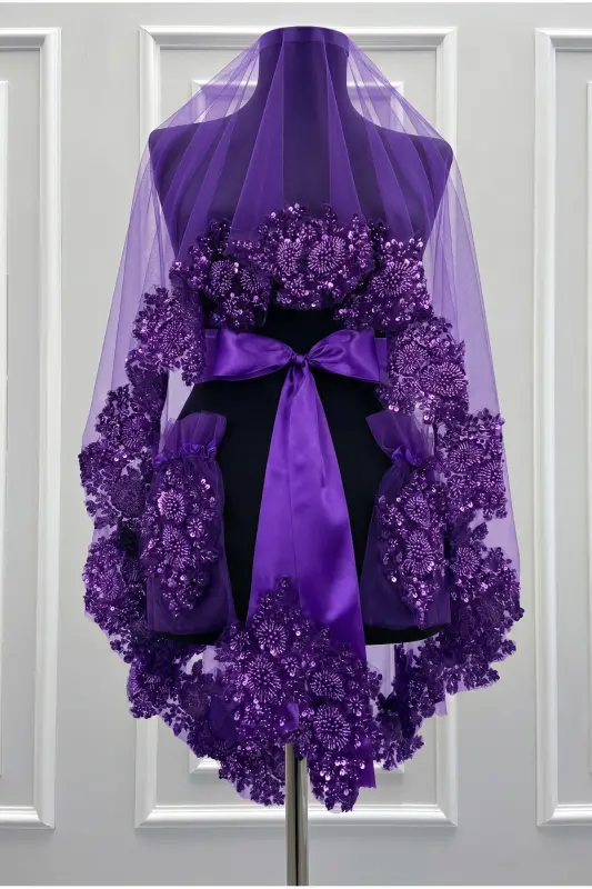 Purple VIP Bridal Veil Set, Henna Veil Cover Set-Purple - 2