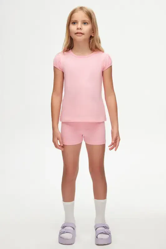 Pushti Basic qiz bolalar nol yoqali tarvuz yengli futbolka - PEONY PINK - LOVETTI