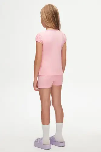 Pushti Basic qiz bolalar nol yoqali tarvuz yengli futbolka - PEONY PINK - 4