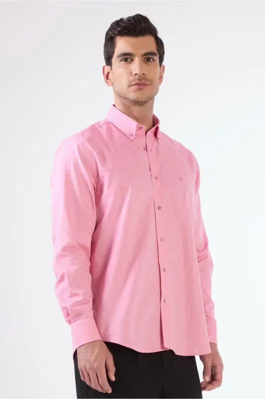 Pushti Erkaklar uchun Regular Fit Oxford Brent tugmachali yoqali uzun yengli ko'ylak - 94867 - 2