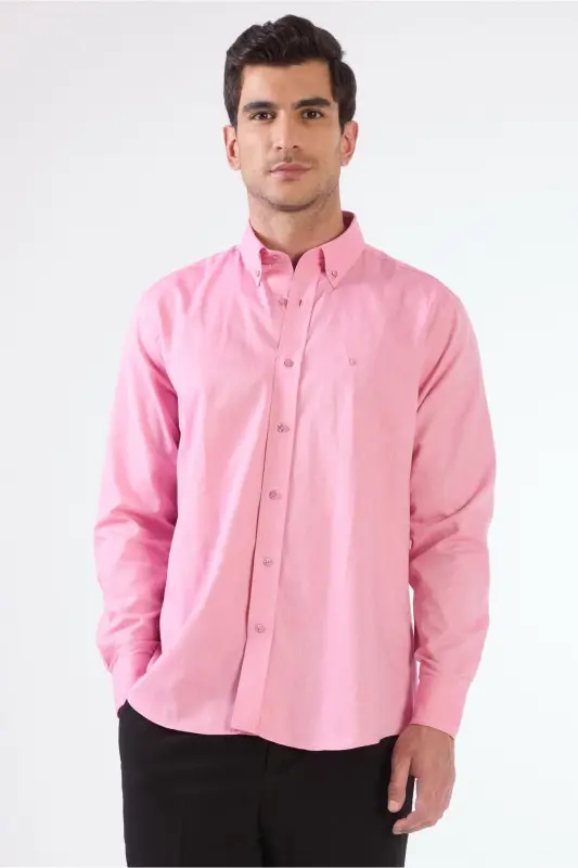 Pushti Erkaklar uchun Regular Fit Oxford Brent tugmachali yoqali uzun yengli ko'ylak - 94867 - 4