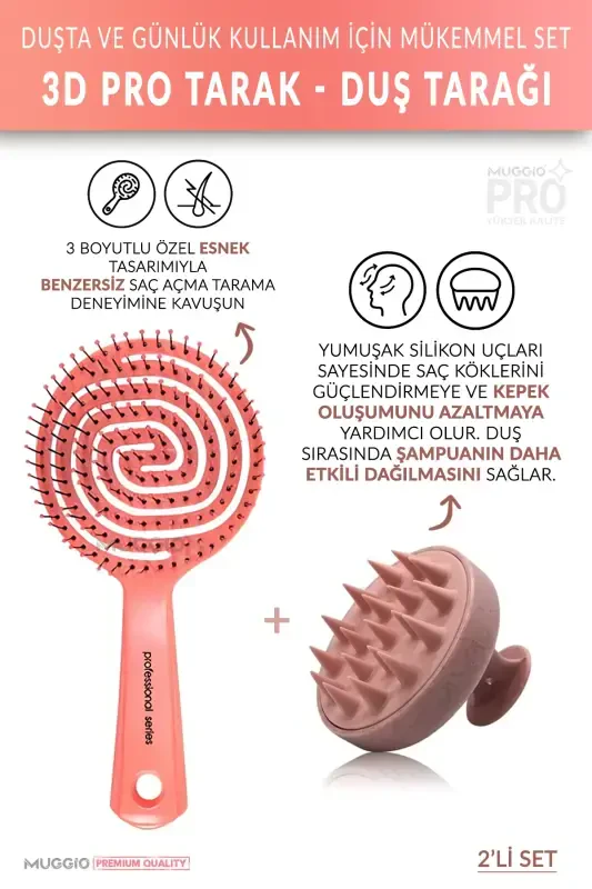 Pushti Pro Uch O'lchovli Oval Soch Cho'tkasi + Pushti Silikon Dush Massaj Tarog'i - MUGGIO