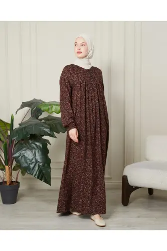 Pushti rakatli, oldi tugmali viskon matoli ayollar kiyimi ona ko‘ylagi namoz ko‘ylagi - Jigarrang qalin shawl naqshi - 3