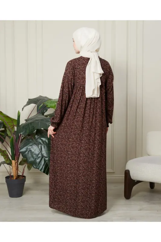 Pushti rakatli, oldi tugmali viskon matoli ayollar kiyimi ona ko‘ylagi namoz ko‘ylagi - Jigarrang qalin shawl naqshi - 6