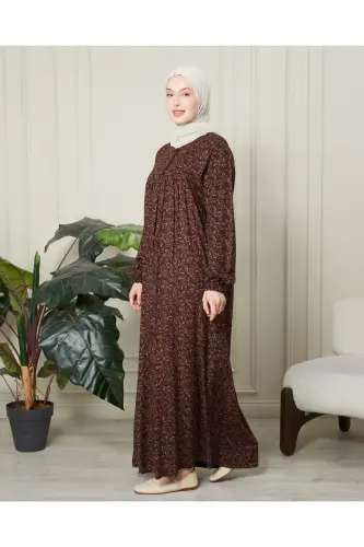 Pushti rakatli, oldi tugmali viskon matoli ayollar kiyimi ona ko‘ylagi namoz ko‘ylagi - Jigarrang qalin shawl naqshi - 7