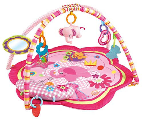 Pushti rangli chaqaloqlar uchun o'yin maydonchasi, arkali, o'yinchoqlar, plyush hayvonlar, fil bilan. - Pink