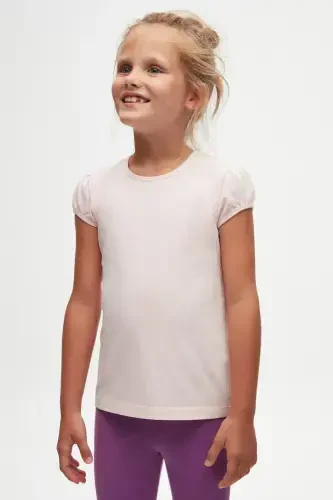 Pushti rangli oddiy qizlar uchun yumaloq yoqali tarvuz yengli futbolka - BRIGHT PINK - 1