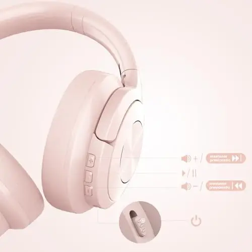 Pushti rangli simsiz Bluetooth quloqchinlar, quloq ustida, 65 soatlik ish vaqti, katlanadigan chuqur bas, HiFi Stereo simsiz quloqchinlar mikrofon bilan, yengil yumshoq quloqchin, telefon, TV, sayohat uchun pushti - 3