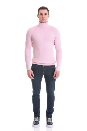 Pushti Slim Fit Qovurgali Bo'yinbog'li Yaka Junli Trikotaj Kazak - Pushti - HATEMOĞLU (1)