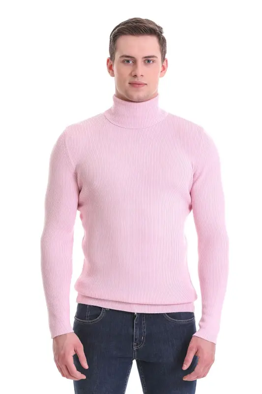 Pushti Slim Fit Qovurgali Bo'yinbog'li Yaka Junli Trikotaj Kazak - Pushti - 3