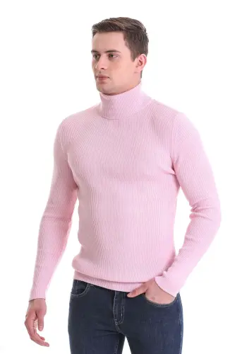 Pushti Slim Fit Qovurgali Bo'yinbog'li Yaka Junli Trikotaj Kazak - Pushti - 5