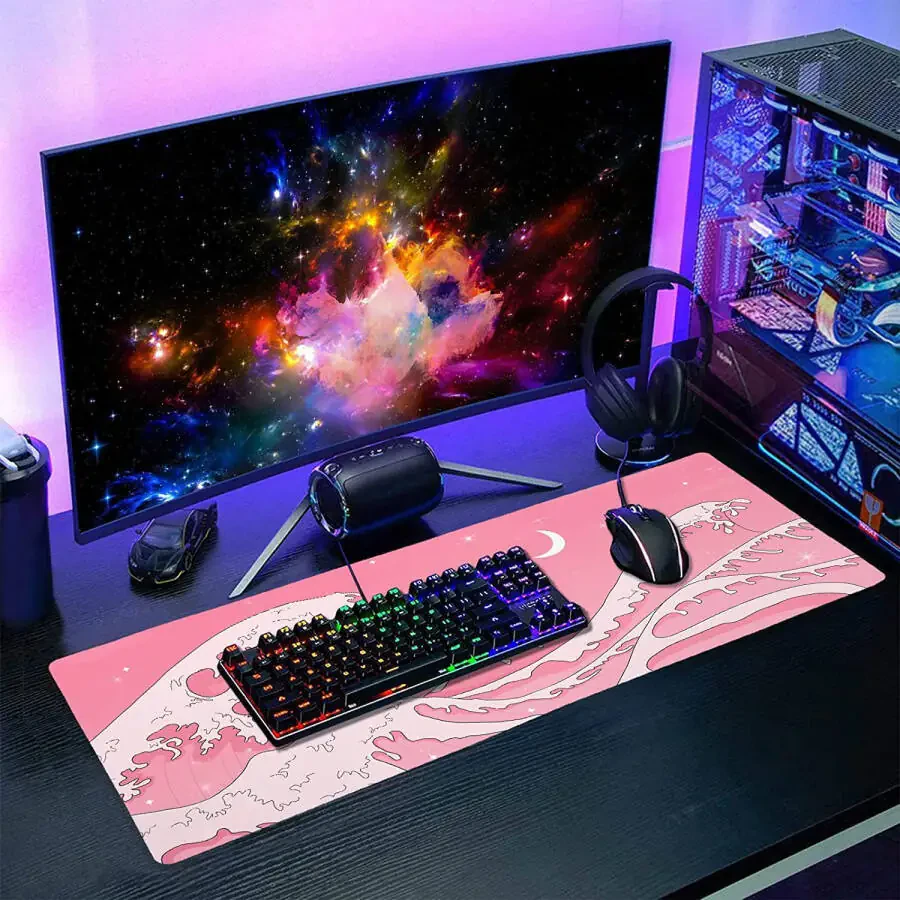 Pushti Yapon Anime O'yin Sichqoncha Mat XL Chiroyli Kawaii Estetik To'lqin Kengaytirilgan Katta Katta Stol Mat Non-Slip Rezina Tagligi Tikilgan Qirrasi Uzoq Klaviatura Sichqoncha Mat PC Kompyuter Noutbuk uchun, 31.5×11.8 dyuym - 12