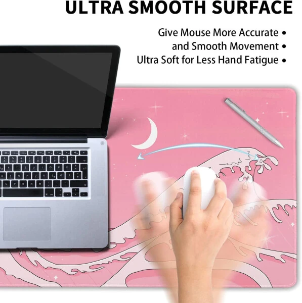 Pushti Yapon Anime O'yin Sichqoncha Mat XL Chiroyli Kawaii Estetik To'lqin Kengaytirilgan Katta Katta Stol Mat Non-Slip Rezina Tagligi Tikilgan Qirrasi Uzoq Klaviatura Sichqoncha Mat PC Kompyuter Noutbuk uchun, 31.5×11.8 dyuym - 4