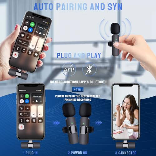 PUYANA Wireless Microphone for iPhone, 2 Pack Dual Wireless Lavalier Microphone for iPhone iPad, Plug and Play, Mini Microphone for Recording, Live Stream, Video Interviews, YouTube, TikTok - 3