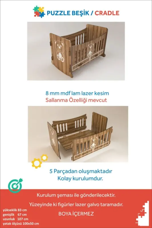 Puzzle Crib, unassembled Wooden Crib, 100x50 Cm High - 2