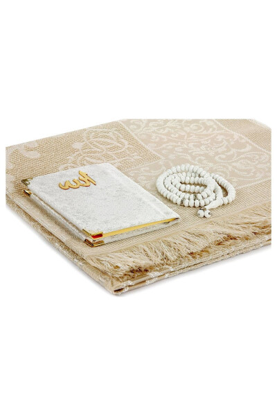 PVC Boxed Prayer Rug Set - Velvet Covered Yasin - Prayer Rug - Prayer Beads - White Color - 3