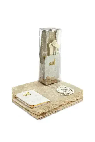 PVC Boxed Prayer Rug Set - Velvet Covered Yasin - Prayer Rug - Prayer Beads - White Color - 1