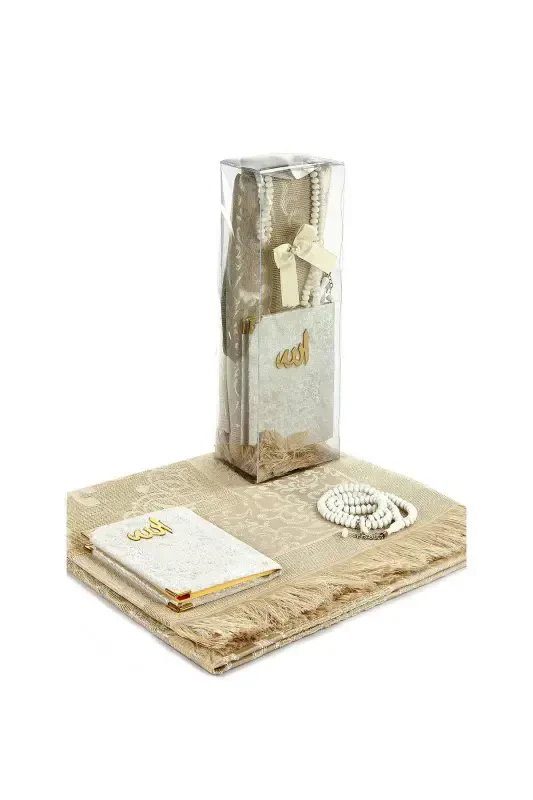 PVC Boxed Prayer Rug Set - Velvet Covered Yasin - Prayer Rug - Prayer Beads - White Color - İHVAN
