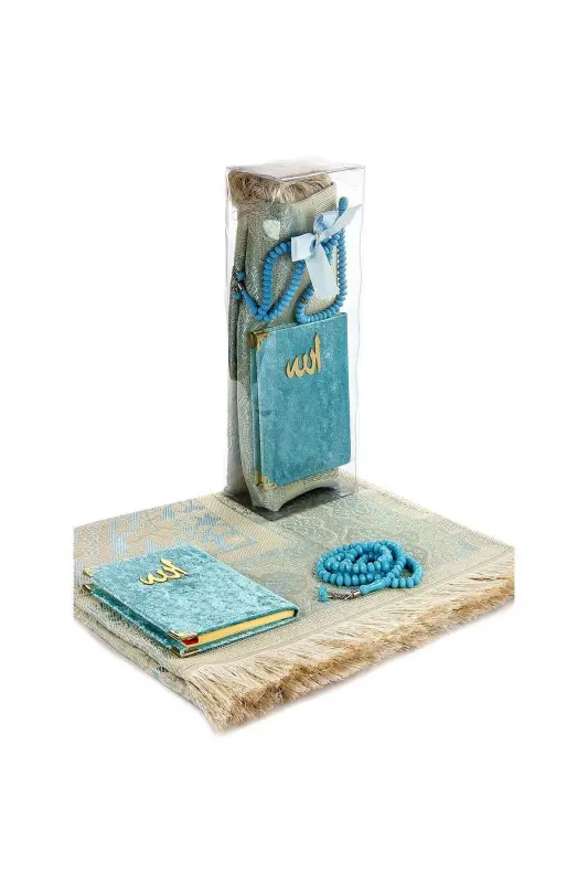 PVC Boxed Prayer Rug Set - Velvet Covered Yasin - Prayer Rug - Rosary - Blue - İHVAN