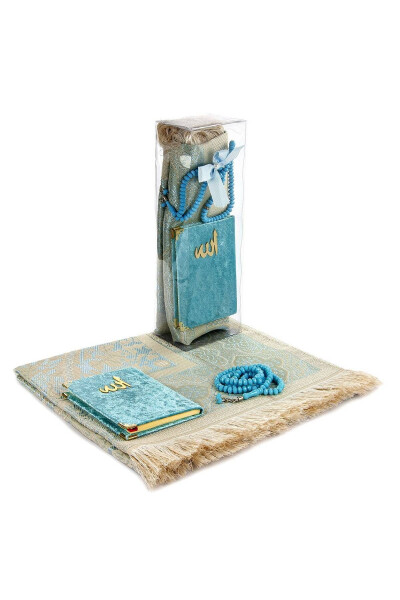 PVC Boxed Prayer Rug Set - Velvet Covered Yasin - Prayer Rug - Rosary - Blue - 2