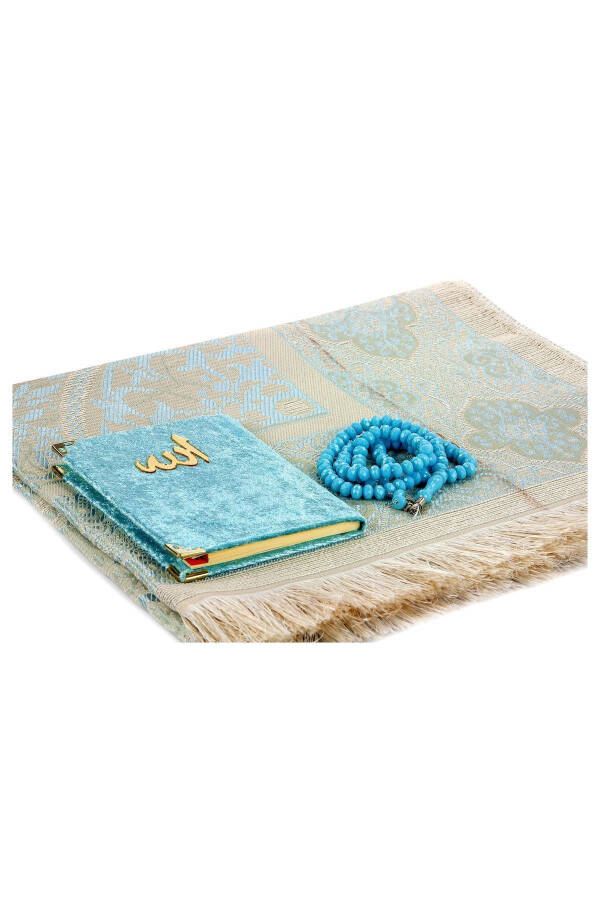 PVC Boxed Prayer Rug Set - Velvet Covered Yasin - Prayer Rug - Rosary - Blue - 3