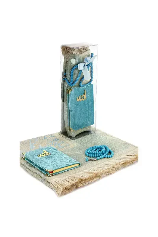 PVC Boxed Prayer Rug Set - Velvet Covered Yasin - Prayer Rug - Rosary - Blue - İHVAN