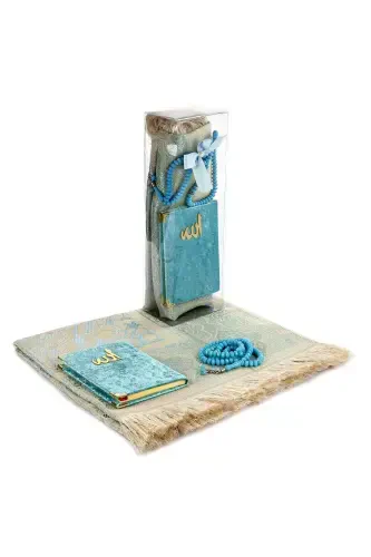 PVC Boxed Prayer Rug Set - Velvet Covered Yasin - Prayer Rug - Rosary - Blue - İHVAN (1)