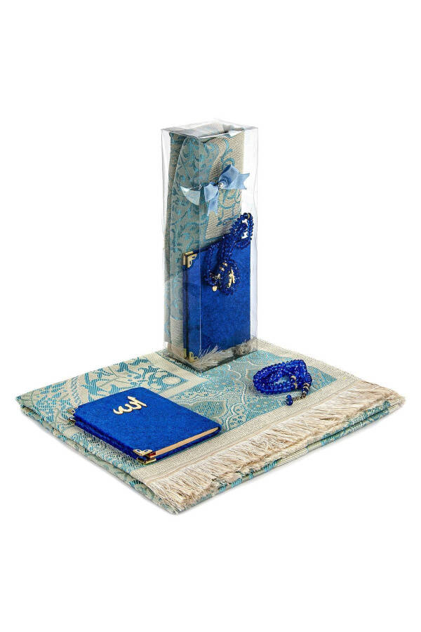 PVC Boxed Prayer Rug Set - Velvet Covered Yasin - Prayer Rug - Tasbih - Navy Blue Color - 2