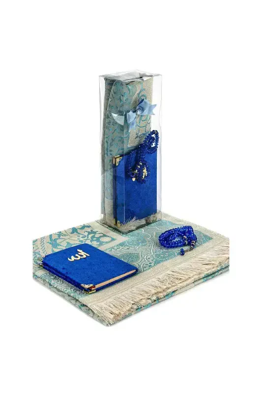 PVC Boxed Prayer Rug Set - Velvet Covered Yasin - Prayer Rug - Tasbih - Navy Blue Color - İHVAN