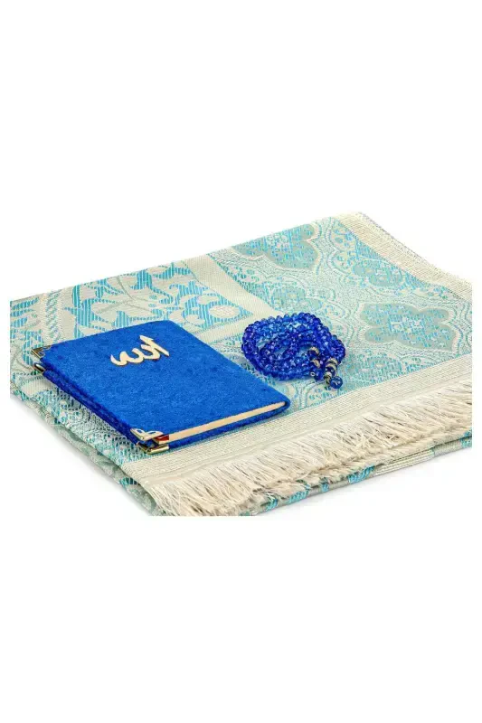 PVC Boxed Prayer Rug Set - Velvet Covered Yasin - Prayer Rug - Tasbih - Navy Blue Color - 3