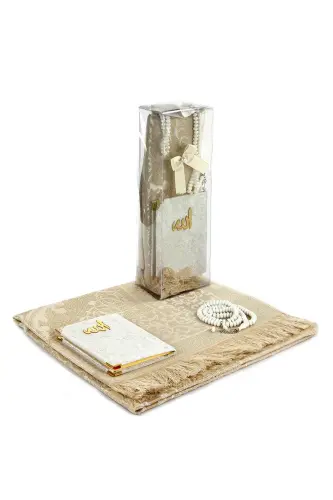 PVC Kutulu Seccade Seti - Kadife Kaplı Yasin - Seccade - Tesbih - Beyaz Renk - İHVAN (1)