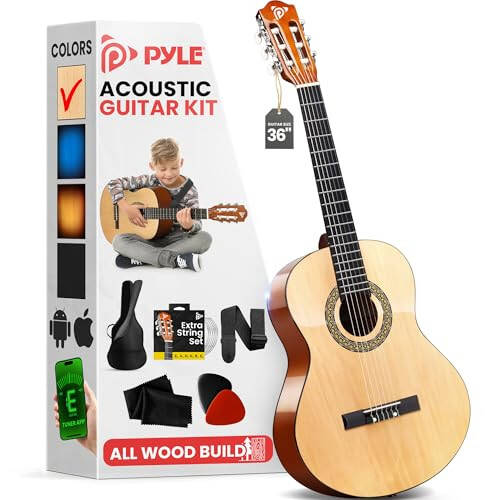 Pyle Beginner Acoustic Guitar Kit, 3/4 Junior Size All Wood Instrument for Kids, Adults, 36