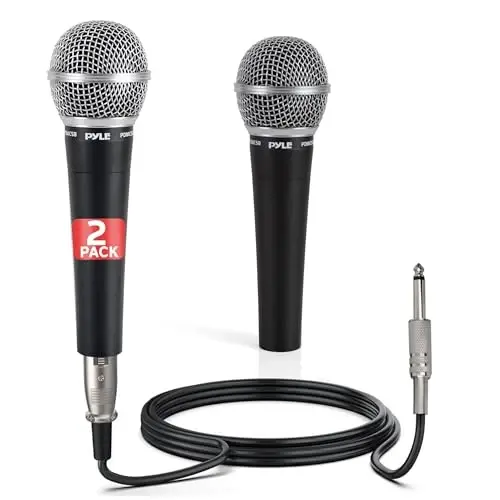 Pyle Professional Dynamic Microphone - 2-Pack Unidirectional Handheld Mic with Built-in Pop Filter, High Signal Output, 15 ft. XLR Audio Cable, Ideal for Stage, Karaoke & Studio Performances 