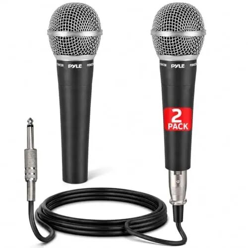 Pyle Professional Dynamic Microphone - 2-Pack Unidirectional Handheld Mic with Built-in Pop Filter, High Signal Output, 15 ft. XLR Audio Cable, Ideal for Stage, Karaoke & Studio Performances - PYLE