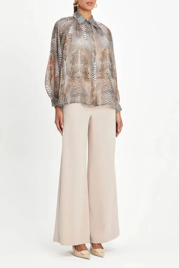 Python Pattern Chiffon Puff Sleeve Beige Shirt 40372 - 1