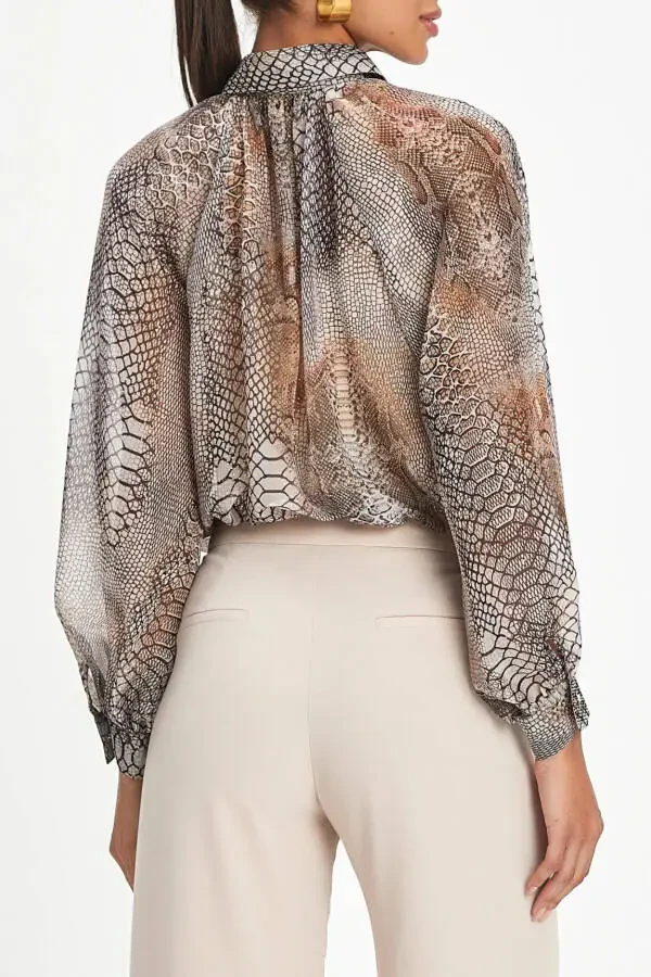 Python Pattern Chiffon Puff Sleeve Beige Shirt 40372 - 2
