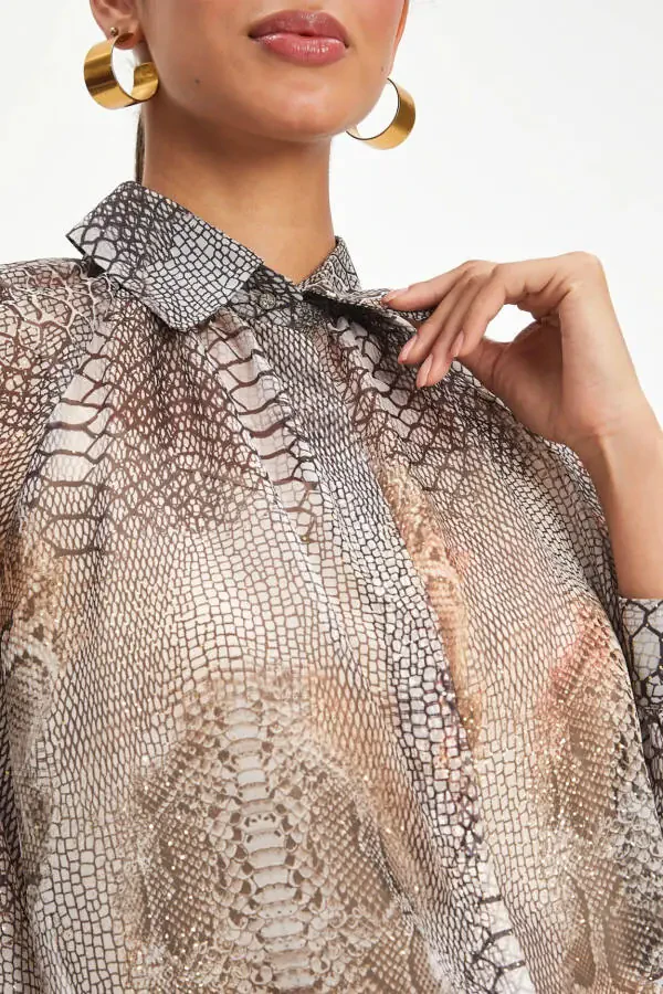 Python Pattern Chiffon Puff Sleeve Beige Shirt 40372 - 3