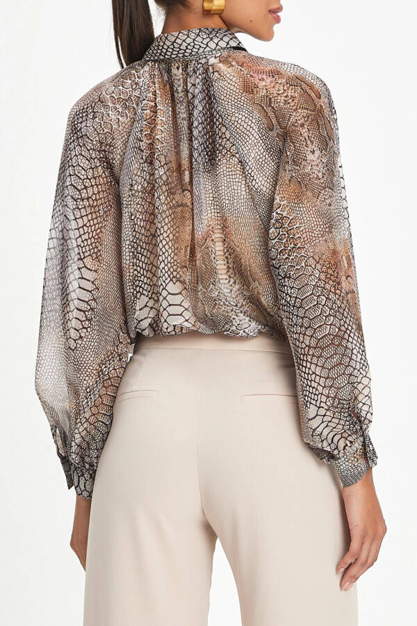 Python Pattern Chiffon Puff Sleeve Beige Shirt 40372 - 2
