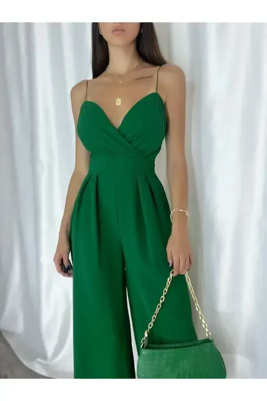 Q Green Flexible Crepe Fabric Strappy Crossover Neck Long Evening Jumpsuit 582101 697-GREEN - 1