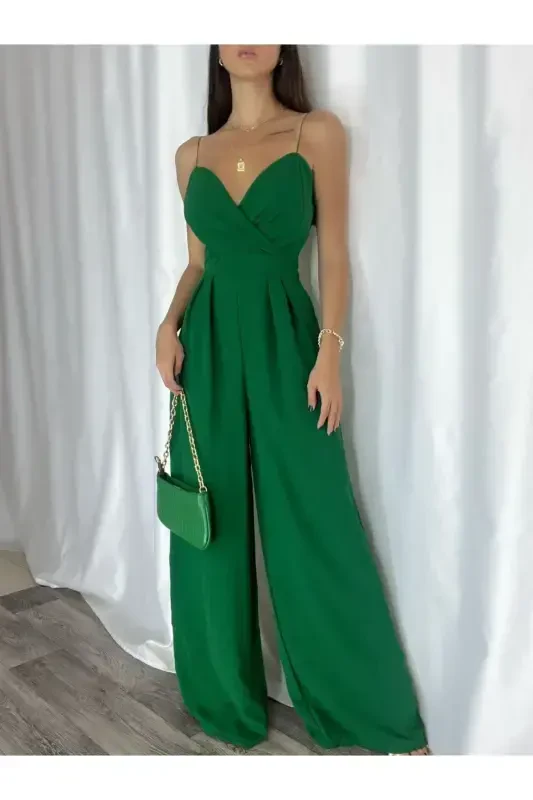 Q Green Flexible Crepe Fabric Strappy Crossover Neck Long Evening Jumpsuit 582101 697-GREEN - 3