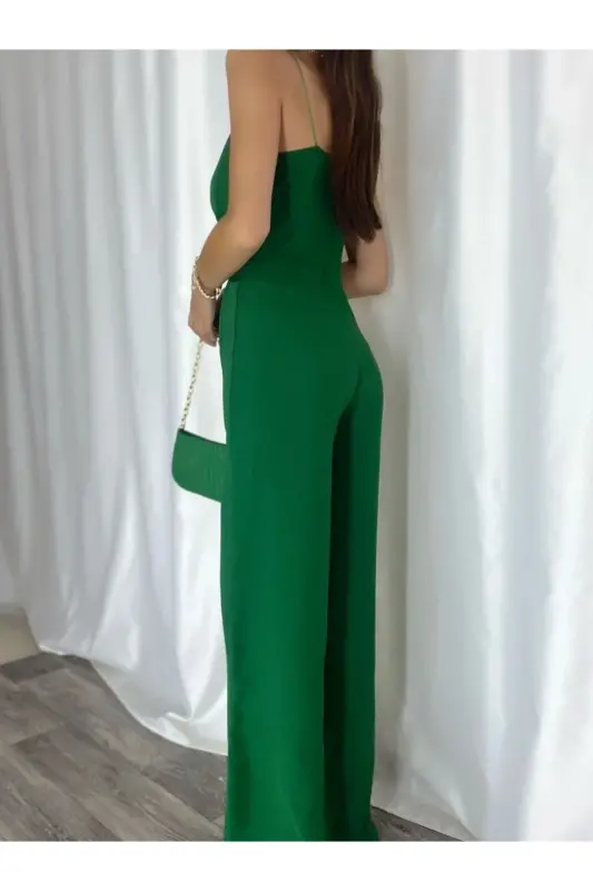 Q Green Flexible Crepe Fabric Strappy Crossover Neck Long Evening Jumpsuit 582101 697-GREEN - 6
