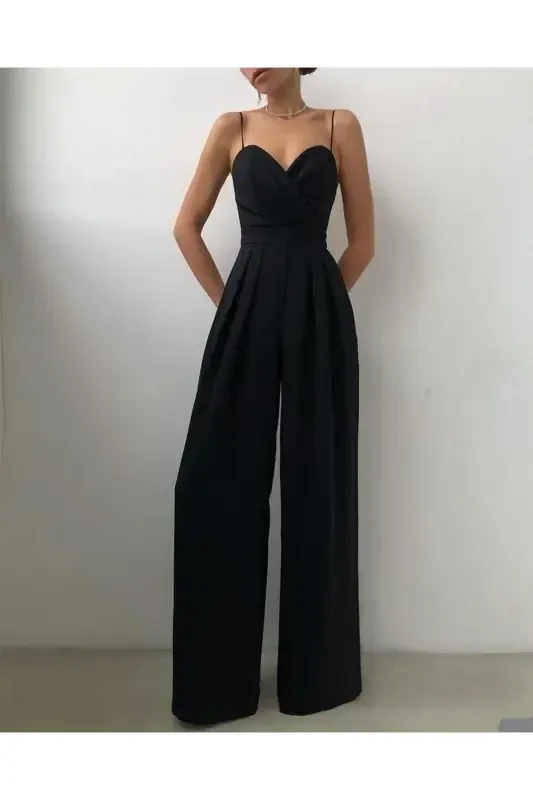 Q Qora Elastik Krep Mato Kamarli Kesishgan Yoqali Uzun Kechki Libos Kombinezon 582101 697-QORA - 1