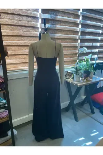 Q Qora Elastik Krep Mato Kamarli Kesishgan Yoqali Uzun Kechki Libos Kombinezon 582101 697-QORA - SECRET PASSION LINGERIE (1)